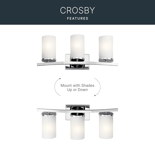 Kichler Crosby 23" Vanity Light in Chrome, 3-Light Contemporary Bathroom Light with Satin Etched Cased Opal Glass, (23" L x 8.75" H), 45497CH | Satin etched cased opal glass vanity light for bathroom mirrors (23" x 8.75" x 6"), 45497CH - color: Chrome, si