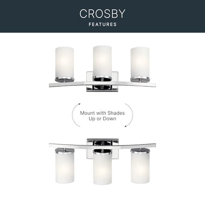 Kichler Crosby 23" Vanity Light in Chrome, 3-Light Contemporary Bathroom Light with Satin Etched Cased Opal Glass, (23" L x 8.75" H), 45497CH | Satin etched cased opal glass vanity light for bathroom mirrors (23" x 8.75" x 6"), 45497CH - color: Chrome, si