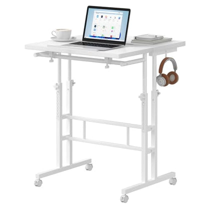 Simple Deluxe Split Top Rotating Standing Desk on Wheels – 23.6" Manual Adjustable Height Mobile Laptop Computer Table – Sit Stand Rolling Workstation with Tilt Function – White - color: White