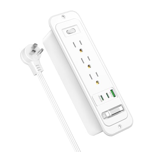 Recessed Power Strip with Retractable USB C Cable,2 PD 20W USB C,Flush Mount Countertop Drawer Outlet, Furniture Hidden Outlet for Side Table,End Table,3 Outlets (White, 6FT-20W USB) - color: White, size: 6FT-20W USB