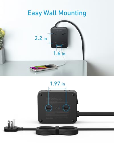 Anker Power Strip with 2000J Surge Protector, 5ft Outlet Extender, 20W, 8AC - color: Black, size: 5FT