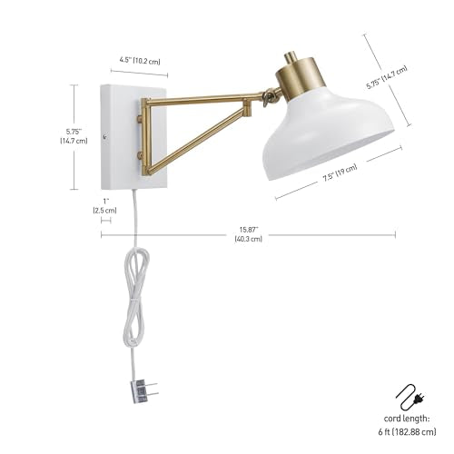 GLOBE Electric 51344 1-Light Plug-in or Hardwire Swing Arm Wall Sconce, White, Brass Accents, White-Cloth Cord, Mounted Bedside Lamp, Kitchen Sconces Wall-Lighting, Bulb Not Included (Pack of 2) - size: 5.75" (Pack of 2)