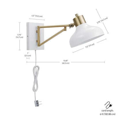 GLOBE Electric 51344 1-Light Plug-in or Hardwire Swing Arm Wall Sconce, White, Brass Accents, White-Cloth Cord, Mounted Bedside Lamp, Kitchen Sconces Wall-Lighting, Bulb Not Included (Pack of 2) - size: 5.75" (Pack of 2)