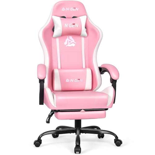 N-GEN GAMING Gaming Chair with Footrest, Lumbar, High-Back, Pink White | Reclining Backrest, Linkage Armrests, Durable PU Leather, Adjustable Comfort for Extended Computer, Desk, or Home Office Use - color: Pink White
