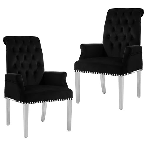 LOULENS Velvet Dining Chairs Set of 2, Dining Chairs with Arms, Black | Upholstered, High Back, Tufted, Luxurious, Stainless Steel Leg, for Kitchen & Dining Room - color: Black, size: 2 PCS