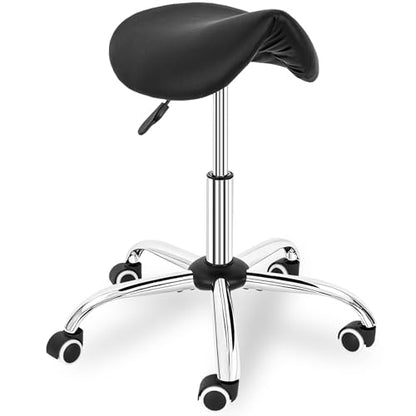 IBVIVIC Saddle Stool, Rolling Saddle Stool with Wheels for Salon, Massage | PU Leather Adjustable Swivel Saddle Chair Ergonomic for Spa, Home Office, Art Room (Black)