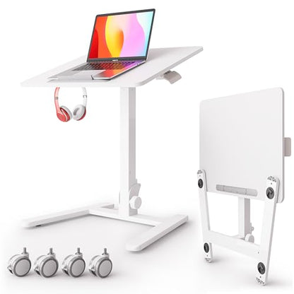 Monomi 25“ Mobile Folding Desk,Pneumatic Sit-Stand Table,No Assembly,White | Height Adjustable Rolling Laptop Desk,Space-Saving Portable Small Desk with Wheels,Ideal for Home Office,Craft & Study - color: White