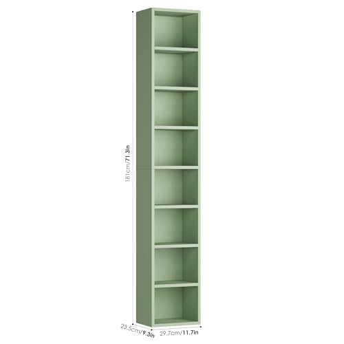 FOTOSOK Bookshelf Bookcase 8-Tier Narrow Bookshelf Tall CD Media Tower Rack | 11.6 X 9.3 X 70.9 Bookshelf, Tall Narrow Slim Skinny Display Bookcase with Cube Storage and 4 Adjustable Shelves, Green - color: Green