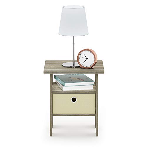 Furinno ANDREY Square Side Table, End Table, Night Stand, Sonoma Oak | Open Shelves, Storage Bin, Soft-Corner, Modern Bedside Table for Small Spaces, Study, Dorm, Living Room, Bedroom - color: Sonoma Oak/Ivory, size: 1-Pack, Center Bin