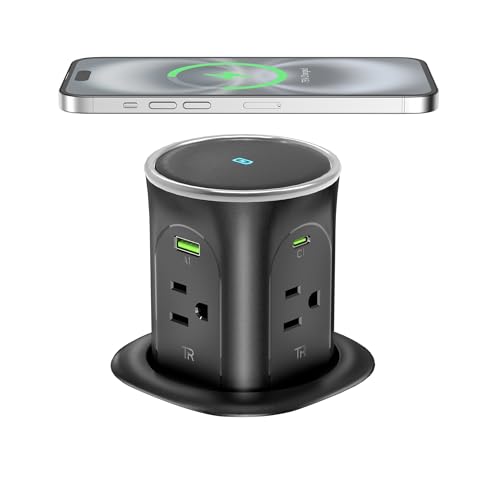 Pop Up Countertop Outlet with 45W USB C Charging Station, ETL Listed | 3.15in Hole Desk Power Electrical Outlets with 4 AC & 4 USB Ports & 15W Wireless Charger, Flush Mount for Kitchen Countertop - color: Black, size: 45W USB