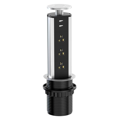 Pop up Outlet for Countertop, 3 AC Outlets & 2 USB-A, 3-1/4 Inch Silver | Recessed Power Strip, 2 USB-A Ports, 3 Sockets, for Desktop, Kitchen Countertop, Home Office - color: Silver
