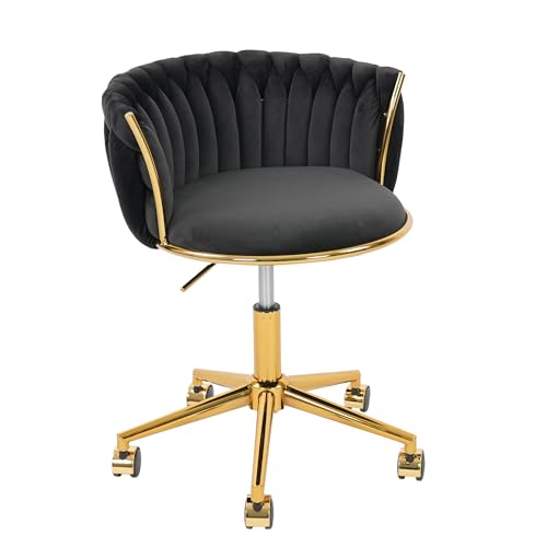 HENGJIANYI Velvet Woven Home Swivel Vanity Desk Chair with Gold Base, Black | Modern Height Adjustable Office Chair with Metal Base and Hand Weaving Back Wheels for Bedroom Study Small Space girl women - color: Black