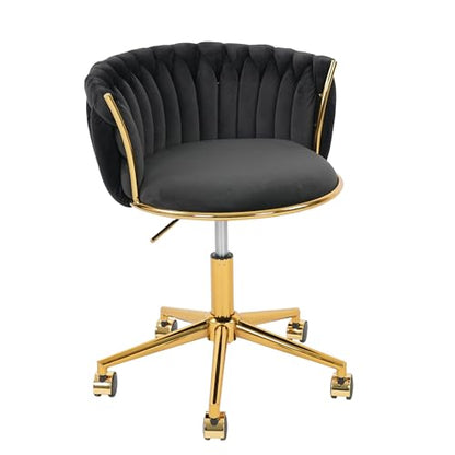 HENGJIANYI Velvet Woven Home Swivel Vanity Desk Chair with Gold Base, Black | Modern Height Adjustable Office Chair with Metal Base and Hand Weaving Back Wheels for Bedroom Study Small Space girl women - color: Black