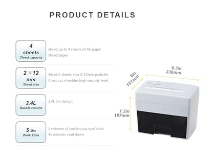 Micro Cut Paper Shredder for Home Office - Mini Electric Desktop Shredder with Cross-Cut, Confidential Document Security for Private/Individual Offices, White & Space-Saving