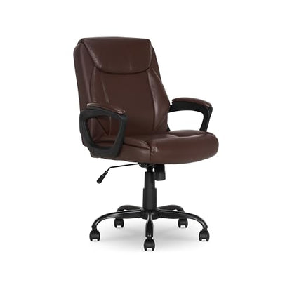 Amazon Basics Classic Puresoft PU Padded Mid-Back Office Chair with Armrest, Height Adjustable, Wheels, 25.75"D x 24.25"W x 42.25"H, Brown - color: Brown