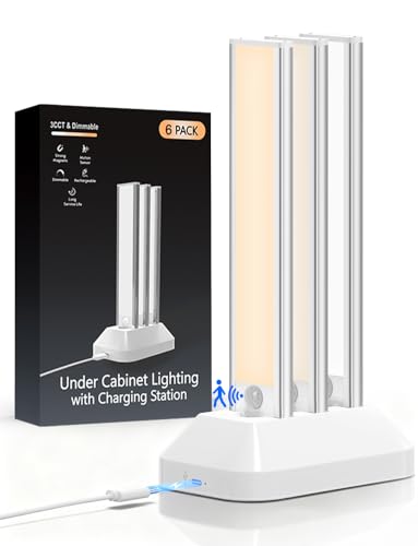 VerRon 6-Pack Under Cabinet Lighting with Charging Station, 8inch | 2000mAh Rechargeable, 3 Color Temps, Dimmable, Magnetic Mount, Wireless Motion Sensor Lights for Kitchen, Closet, Stair - color: 3CCT-6 pack, size: 8 inch