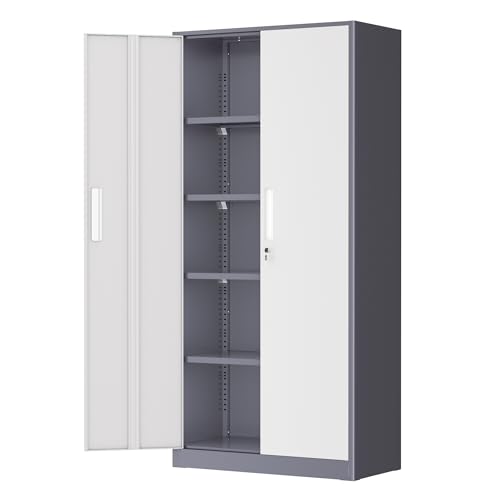 Greenvelly Metal Garage Storage Cabinet, Tall Locking Storage Cabinet with 2 Doors and 4 Adjustable Shelves, Steel Tool Cabinet, Lockable Filling Cabinet for Home, Office, Garage, School (Gray White) - color: Gray White, size: 71" Storage Cabinet