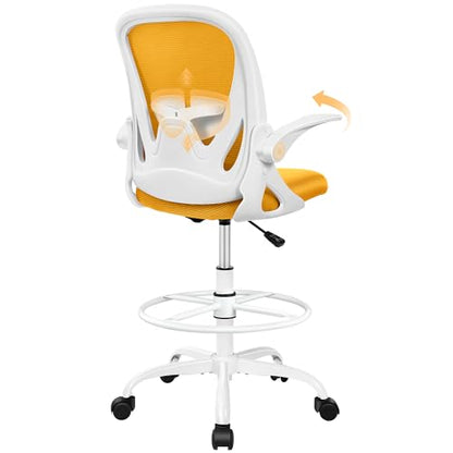 Drafting Chair Tall Office Chair with Flip-up Armrests Executive Ergonomic Computer Standing Desk Chair with Lumbar Support and Adjustable Footrest Ring (Mustard) - color: Mustard, size: 934-Z
