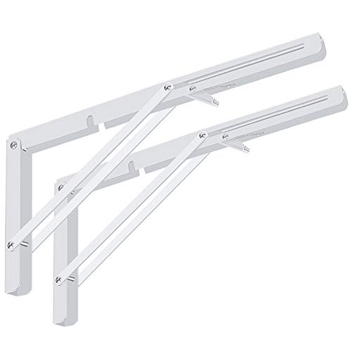Folding Shelf Brackets 2 Pack,Heavy Duty Triangle Shelf Bracket for Bench Table,Wall Mounted Standing Shelf Brackets for Saving Place,Multi Size, Max Load 400lb (16", White) - color: White, size: 16 Inch