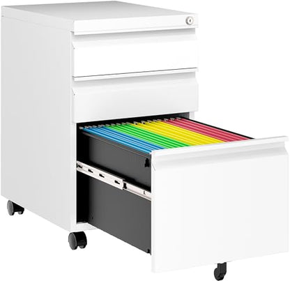 Assembled 3 Drawer File Cabinet with Wheels,Under Desk File Cabinet with Lock,White Rolling Filing Cabinets, Metal Filing Cabinets for Home Office,Fit A4/Letter/Legal,Pre-Assembled Except Caster - color: White, style: 3 Drawer