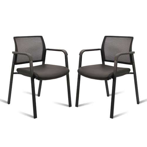 CLATINA Mesh Back Stacking Arm Chairs for Waiting Area, Side Desk Chair with Leather Seat and Ergonomic Lumbar Support for Office School Church Classroom Guest Customer Reception Black 2PK - size: 2 Pack