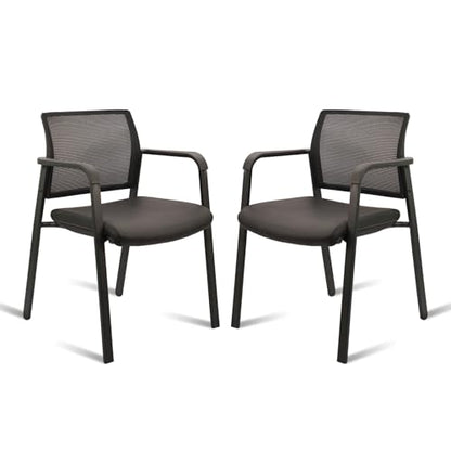 CLATINA Mesh Back Stacking Arm Chairs for Waiting Area, Side Desk Chair with Leather Seat and Ergonomic Lumbar Support for Office School Church Classroom Guest Customer Reception Black 2PK - size: 2 Pack