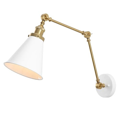 JONATHAN Y Rover 1-Light Wall Sconce 7", White/Brass Gold | Adjustable Arm, Hardwired Bedside Reading Swing Arm, Farmhouse Cone Shade, Metal Hardwired Indoor Fixture, LED Bulbs Included - color: White/Brass Gold, size: Set of 1