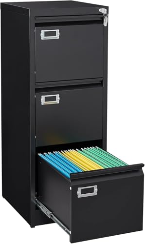 Black 3 Drawer File Cabinet,Metal Filing Cabinets with Lock,Office File Storage Cabinet for A4/Letter/Legal Size File(Assembly Required) - color: Black, size: 40.6"H x 15"W x 17.7"D