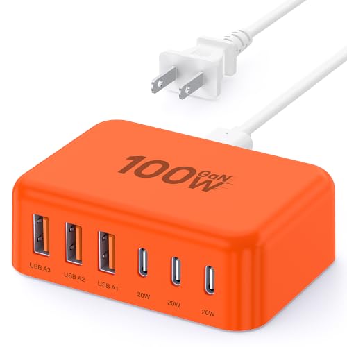USB Fast Charger Block 50% Smaller 100W Max 6-Port GaN USB Charging Station - color: Orange, size: 100W