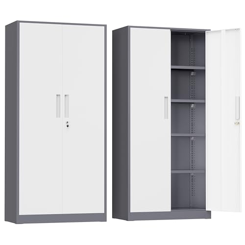 Greenvelly Metal Garage Storage Cabinet, 72" Steel Locking Storage Cabinet with 2 Doors and 4 Adjustable Shelves, Metal Tool Cabinets, Lockable File Cabinets for Home Office, Garage (Gray White) - color: Gray White, size: 72 Inch