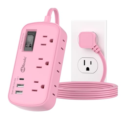 Pink Extension Cord with USB C - 5 FT Kawaii Power Strip - size: 5 FT, style: 6AC+2U1C-Pink-45°Plug