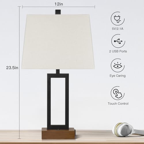 Lolikit Table Lamp for Bedroom Set of 2 with 2 USB Ports and AC Power Outlet, 23.5" Modern Bedside Lamp, Wood Nightstand Lamp with Linen Shade for Living Room Hotel Desk(LED Bulb Included) - color: Black