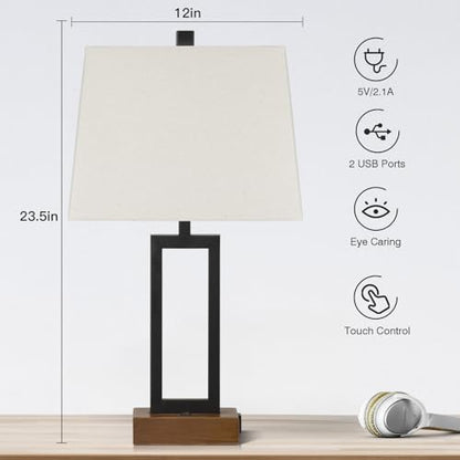Lolikit Table Lamp for Bedroom Set of 2 with 2 USB Ports and AC Power Outlet, 23.5" Modern Bedside Lamp, Wood Nightstand Lamp with Linen Shade for Living Room Hotel Desk(LED Bulb Included) - color: Black