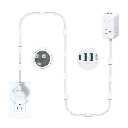TROND Electrical Outlet Extender 360° Rotating Plug with 20W USB C, 10ft | Long Extension Cord, Wall Plug Adapter with 3 AC Outlets, Access Hard-to-Reach Outlets Use Behind Couches, Desk, White - size: 10 FT 360° Rotating Plug