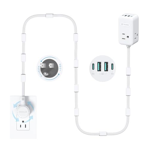 TROND Electrical Outlet Extender 360° Rotating Plug with 20W USB C, 10ft | Long Extension Cord, Wall Plug Adapter with 3 AC Outlets, Access Hard-to-Reach Outlets Use Behind Couches, Desk, White - size: 10 FT 360° Rotating Plug