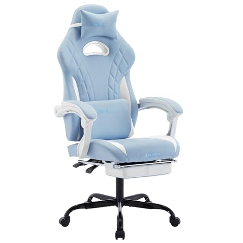 Gaming Chair with Footrest and Massage Lumbar Support, Ergonomic Computer Gamer Chair, Office Video Game Chairs (Cyan White) - color: Cyan White
