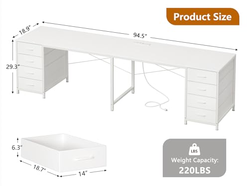 95" 2 Person Desk with 8 Fabric Drawers for Home Office, Living Room - color: White, size: 18.9"D x 94.5"W x 29.3"H