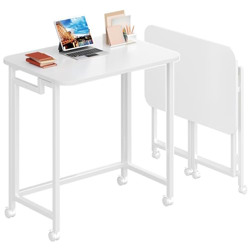 4NM 23.6" Mobile Small Rolling Computer Desk, Folding Laptop Cart Table with Wheels, Portable Office Desk for Small Space Couch Bed - All White - color: All White, size: 23.6"