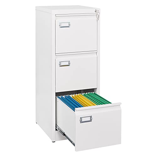 3 Drawer File Cabinet, Filing Cabinets for Home Office, Metal Vertical File Storage Cabinet with Lock, Locking File Cabinet for A4 Legal/Letter, 15" W x 17.7" D x 38.6" H, Assembly Required - color: White, size: 3 Drawer (Stationary)