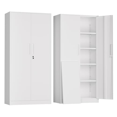 Greenvelly Metal Garage Storage Cabinet,Steel Lockable Storage Cabinet with 2 Doors and 4 Adjustable Shelves,Tall Metal Cabinet Locking File Cabinet for Office,Home, Garage, Gym, School - color: White, size: 71" Storage Cabinet