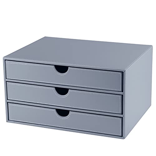 Leather Desk Organizer with 3 Drawers/Tray, Executive Office Supplies Desktop Filing A4 File Cabinet/Holder, Stackable Storage Box Grey (Gray) - color: gray