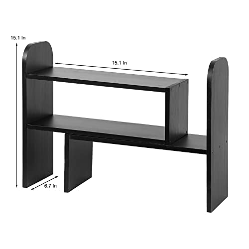 Desktop Adjustable Natural Wood Book Shelf Organizer Office Storage Rack Display Stand Caddy Set Expandable Desk Organizer (Black) - color: Black
