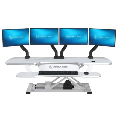 VERSADESK PowerPro 48 Inch Electric Standing Desk Converter – Push-Button Height Adjustable Sit to Stand Desk Riser for Multiple Monitors – Motorized Desktop Workstation with Wide Keyboard Tray, White - color: White, size: 48" Wide