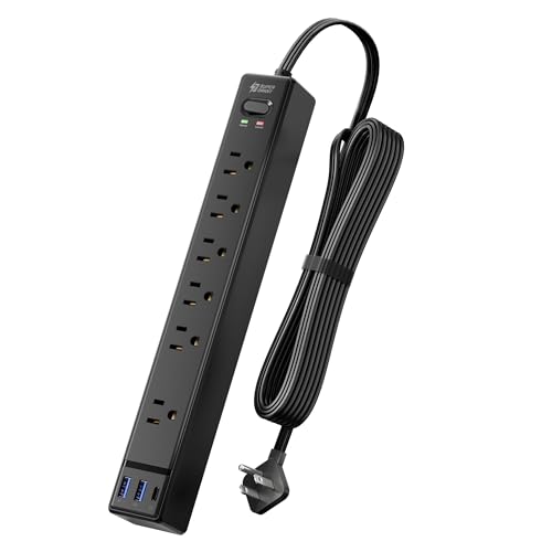 SUPERDANNY 6Ft Thin Extension Cord, Flat Plug Surge Protector Power Strip | Charging Station with 6 Outlets & 3 USB Ports, Wall Mountable Outlet Extender for Home, Office, College Dorm Room Essentials - color: Black, size: 6FT