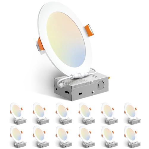 Amico 12 Pack 6 Inch LED Recessed Lighting, Canless Wafer Downlight, White | 5CCT 2700K-5000K, 5%-100% Dimmable, Ultra-thin, Metal housing, 1050LM 12W 120V, IC & Damp Rated, ETL & FCC, 50000h Life Span - color: White, size: 6 Inch