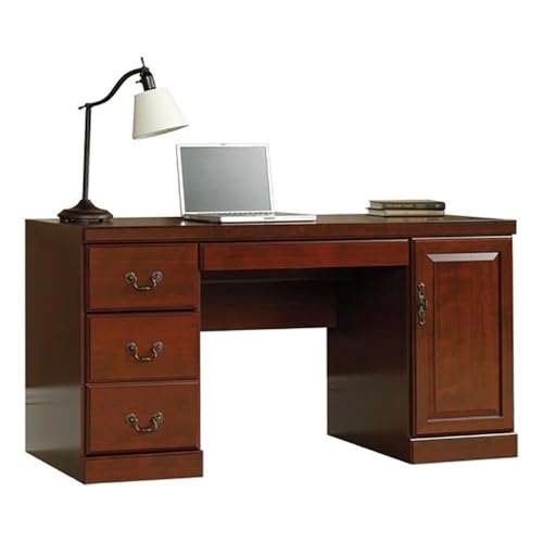 BOWERY HILL Traditional Computer Credenza, 59 in Wide Laminated Engineered Wood Desk, Classic Cherry Finish, Pull-Out Keyboard Drawer, Hanging File Storage, Adjustable Shelf, Home Office Desk