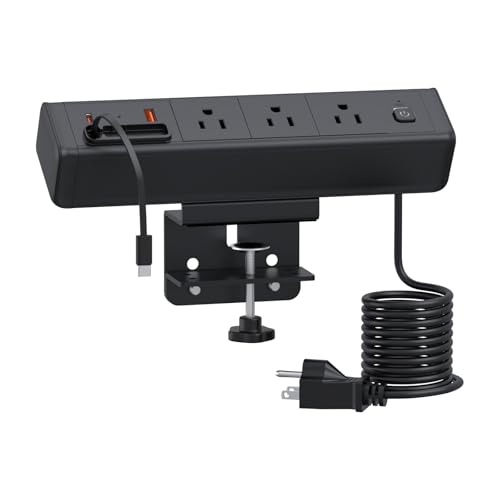 Desk Clamp Power Strip Built-In1 Retractable USB C Cables, USB Ports Black - color: Black
