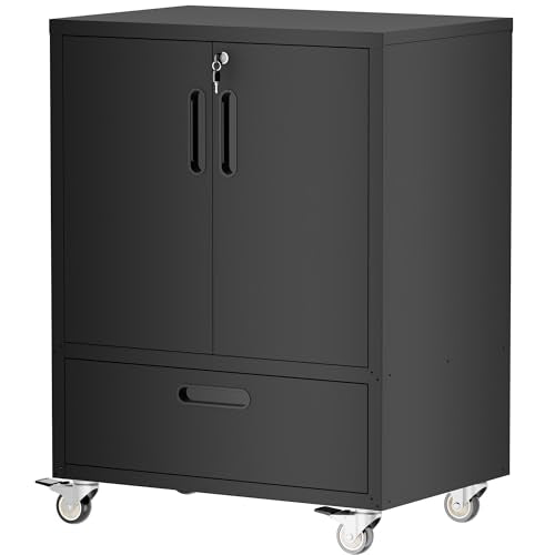 Metal Storage Cabinet for Garage, Tool Cabinet, Utility Cabinet - color: Black, size: M - 2 Doors & Drawer (Wheeled)