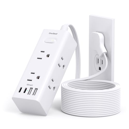 One Beat 10Ft Extension Cord with Multiple Outlets,Flat Plug Power Strip | Surge Protector with 10 Ft Long Cord,6 Outlet 4 USB Ports (2USB C),Multi Outlet Wall Plug for Travel,College,Dorm Essentials - color: White, size: 10FT