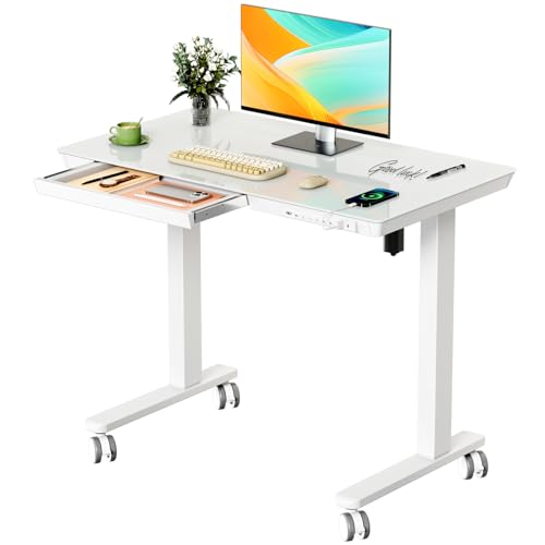 35" Electric Standing Desk with Drawer, One-Piece Glass Top - color: White Glass-top, size: 35"